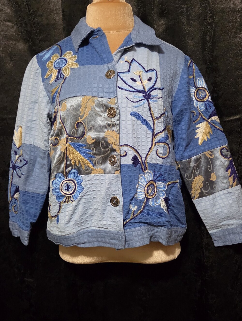 Indigo Moon XS Blue Floral Embroidered Patchwork Jean Jacket by Indigo Moon